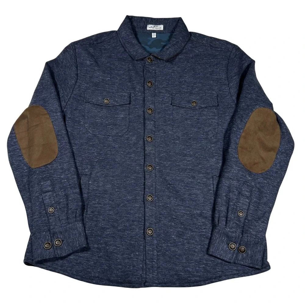Peter Millar Slub Cotton Linen Shirt Jacket Mens XL Blue Camo Lined Elbow Patch